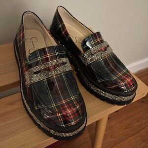 Jessica Simpson Everlyn Plaid Patent Leather Bling Penny Loafers